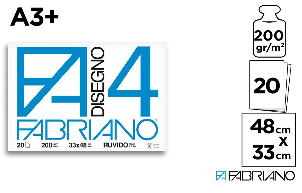 Fabriano F4 Album Disegno - A3+ 33x48 cm 200 g/m2 Ruvido Bianco - 20 Fogli