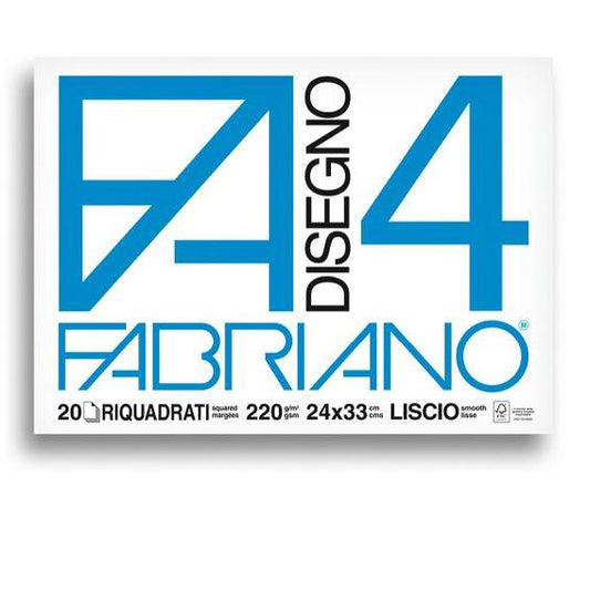 Fabriano F4 Album Disegno - A4+ 24x33 cm 220 g/m2 Liscio Bianco - 20 Fogli Riquadrati