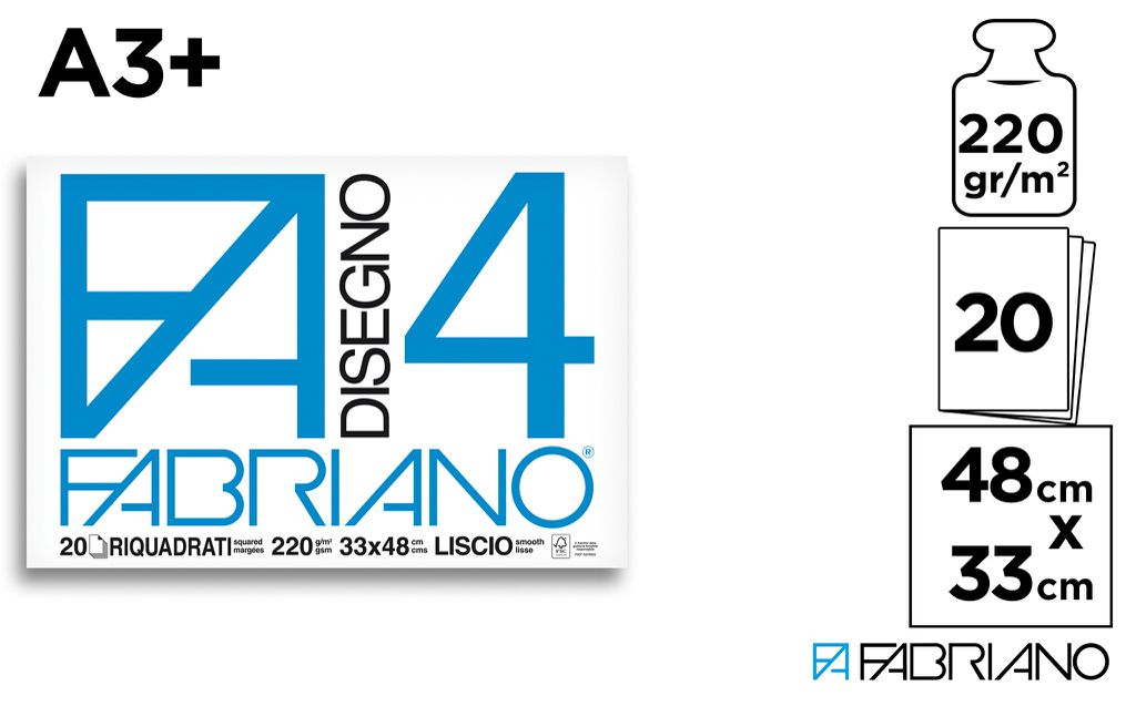 Fabriano F4 Album Disegno - A3+ 33x48 cm 220 g/m2 Liscio Bianco - 20 Fogli Riquadrati