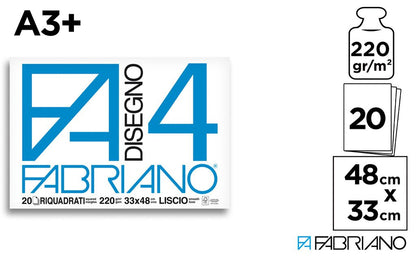 Fabriano F4 Album Disegno - A3+ 33x48 cm 220 g/m2 Liscio Bianco - 20 Fogli Riquadrati